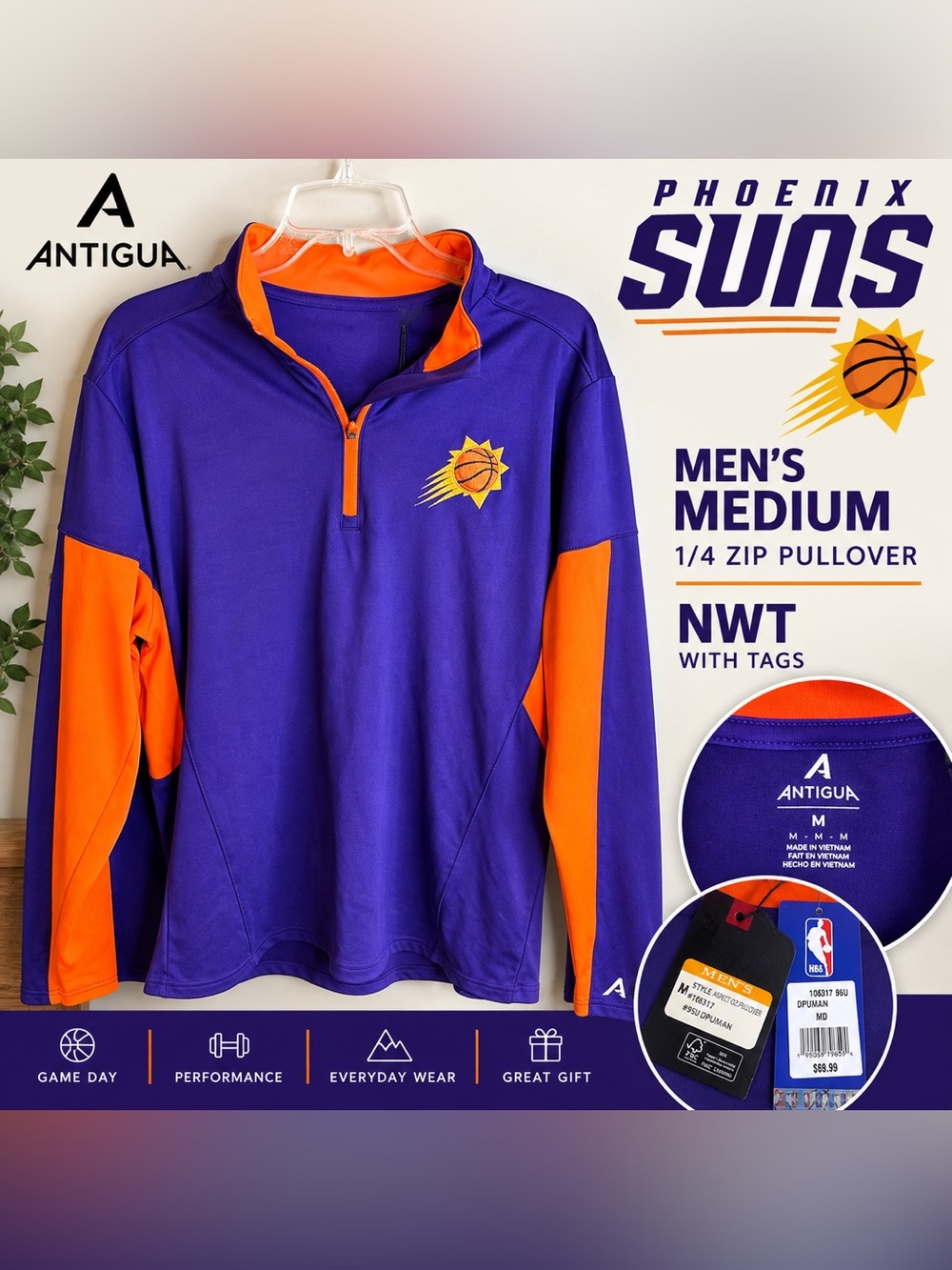 NWT Antigua Phoenix Suns 1/4 Zip Pullover Men’s M Purple Orange NBA $70